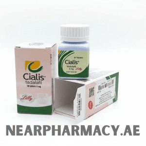 Box and bottle packaging of Cialis Tadalafil 5 mg (30 tablets) by Lilly. The light green and beige box and white bottle with green labeling indicate the medication used for treating erectile dysfunction and improving male performance.
