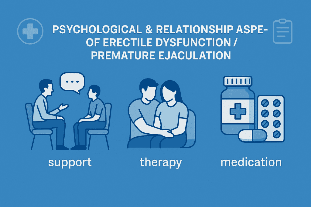 A professional blue medical infographic illustrating the psychological and relationship aspects of erectile dysfunction and premature ejaculation. It features three labeled sections: support (man talking to therapist), therapy (couple sitting together), and medication (pill bottle and blister pack).