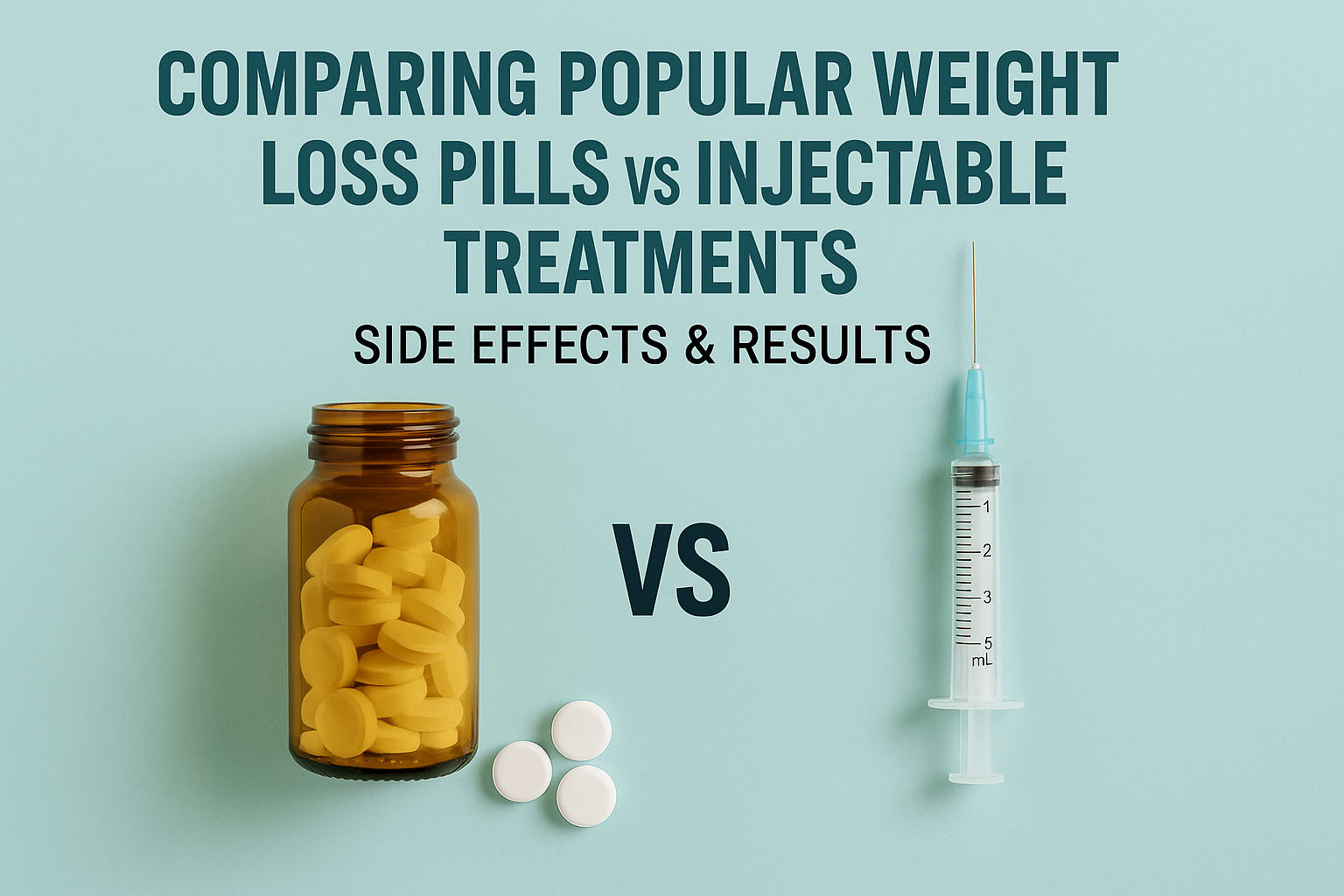 A comparison image showing a bottle of yellow weight loss pills on the left and a syringe on the right, symbolizing injectable treatments, with the text “Comparing Popular Weight Loss Pills vs Injectable Treatments: Side Effects & Results” on a clean teal background.