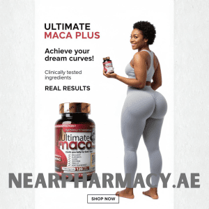 Ultimate Maca Plus supplement for women – natural curves and butt enhancement capsules, featuring a woman holding the bottle. Promotes dream curves with clinically tested ingredients.