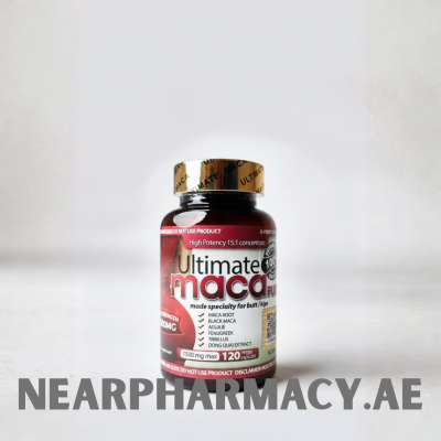 Ultimate Maca Plus 120 capsules bottle – high potency 15:1 concentrate with Maca root, Black Maca, Fenugreek, and Dong Quai extract for butt and hip enhancement.