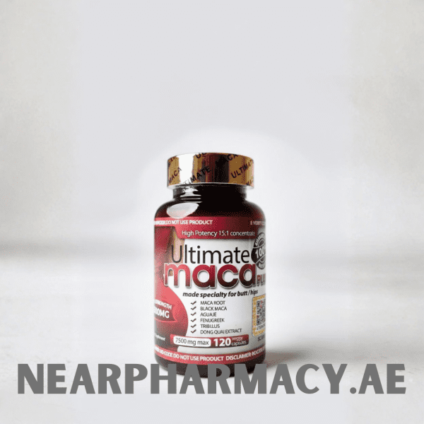 Ultimate Maca Plus 120 capsules bottle – high potency 15:1 concentrate with Maca root, Black Maca, Fenugreek, and Dong Quai extract for butt and hip enhancement.