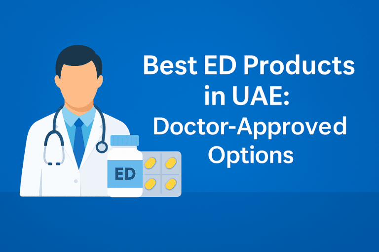 A blue medical-themed graphic showing a doctor illustration beside ED tablets and a pill bottle, with bold text reading “Best ED Products in UAE: Doctor-Approved Options.”