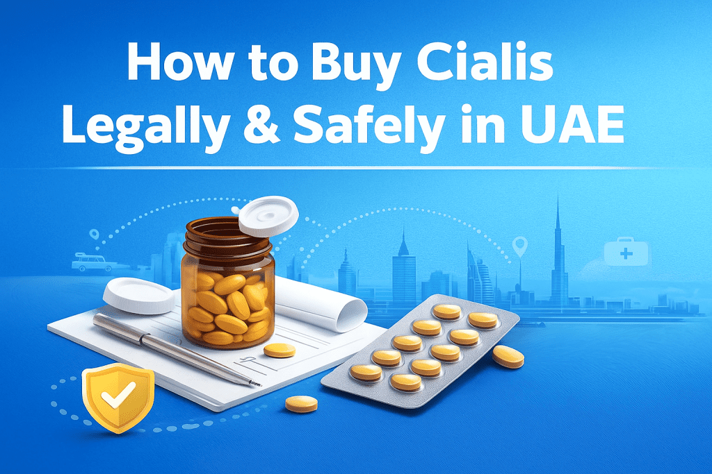 a bottle of yellow Cialis tablets, a blister pack, a prescription pad, and a UAE skyline in the background, with the text “How to Buy Cialis Legally & Safely in UAE” in bold white typography on a blue gradient background.