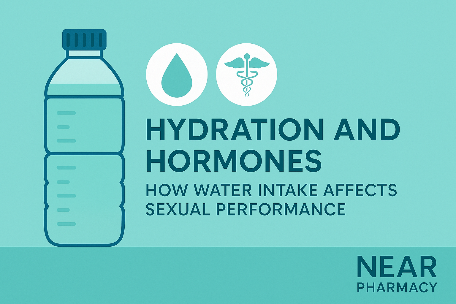 An infographic showing a water bottle and medical icons on a teal background with the title “Hydration and Hormones: How Water Intake Affects Sexual Performance,” representing the connection between hydration, hormones, and sexual health by NearPharmacy.ae.