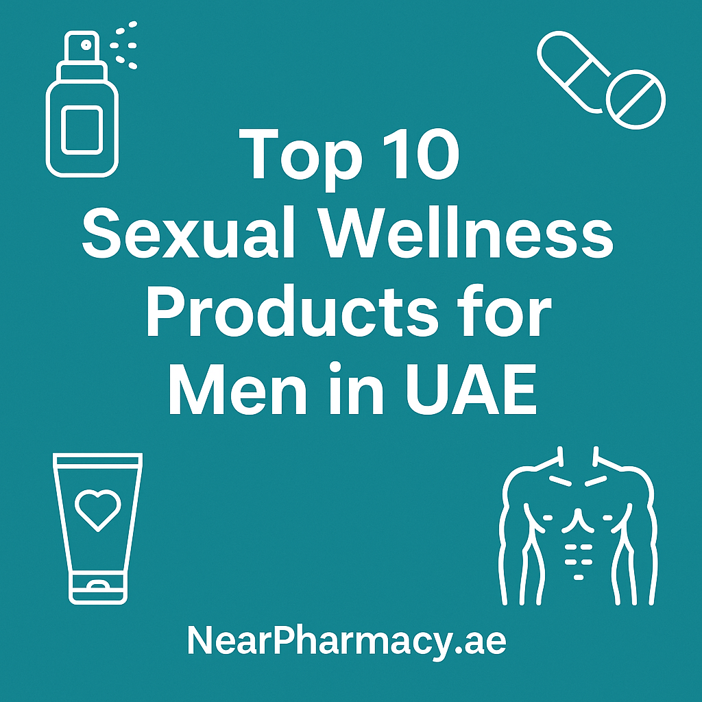 An infographic with teal background featuring icons of a spray, capsule, cream tube, and male body outline, displaying the title “Top 10 Sexual Wellness Products for Men in UAE” and the NearPharmacy.ae branding.