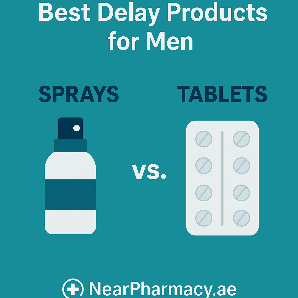 An infographic comparing delay sprays and delay tablets for men, featuring icons of a spray bottle and a blister pack, with the title “Best Delay Products for Men” and NearPharmacy.ae branding on a teal background.