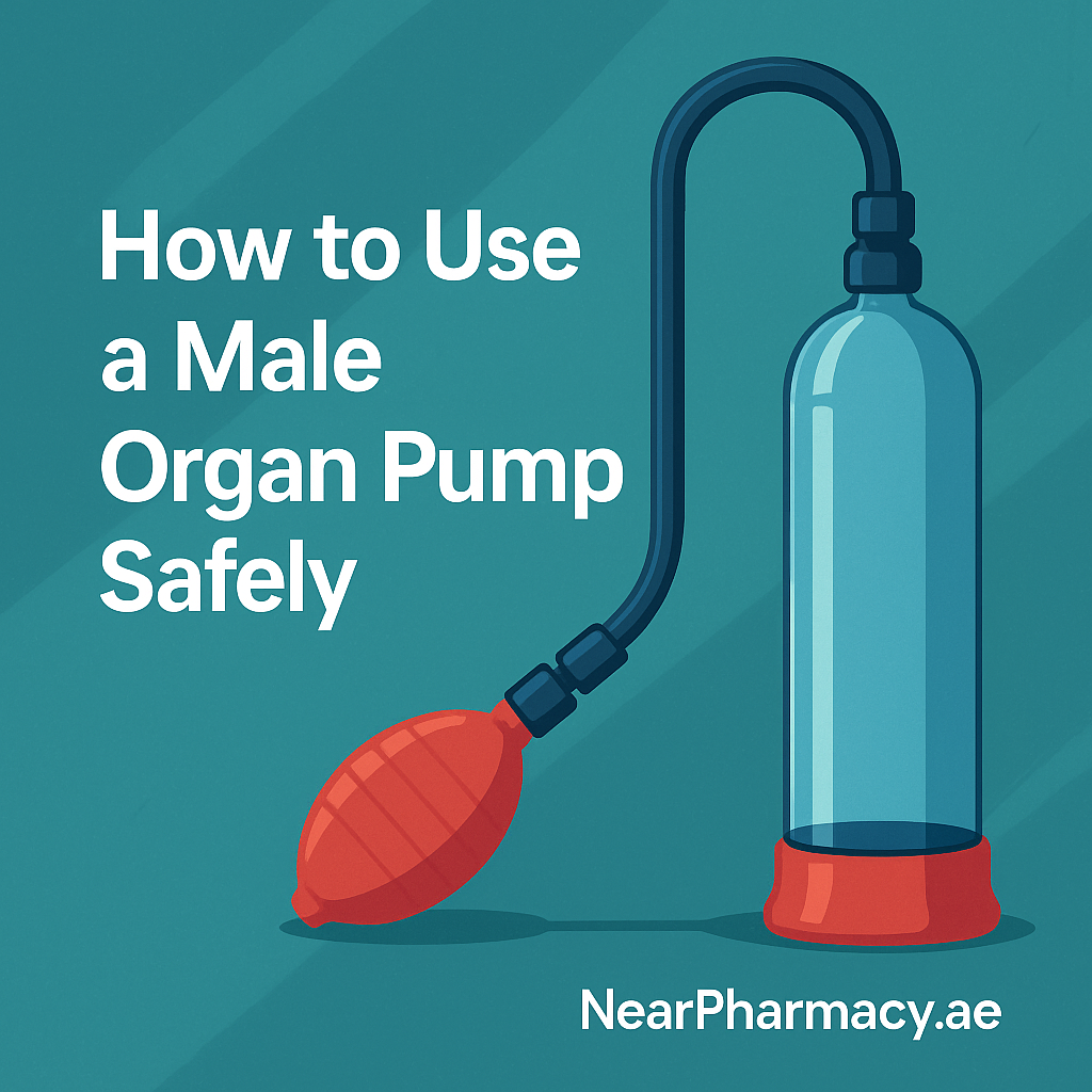 A modern, attractive graphic showing a male organ pump device illustrated in a non-explicit, professional style on a teal background with bold text reading “How to Use a Male Organ Pump Safely,” along with NearPharmacy.ae branding.