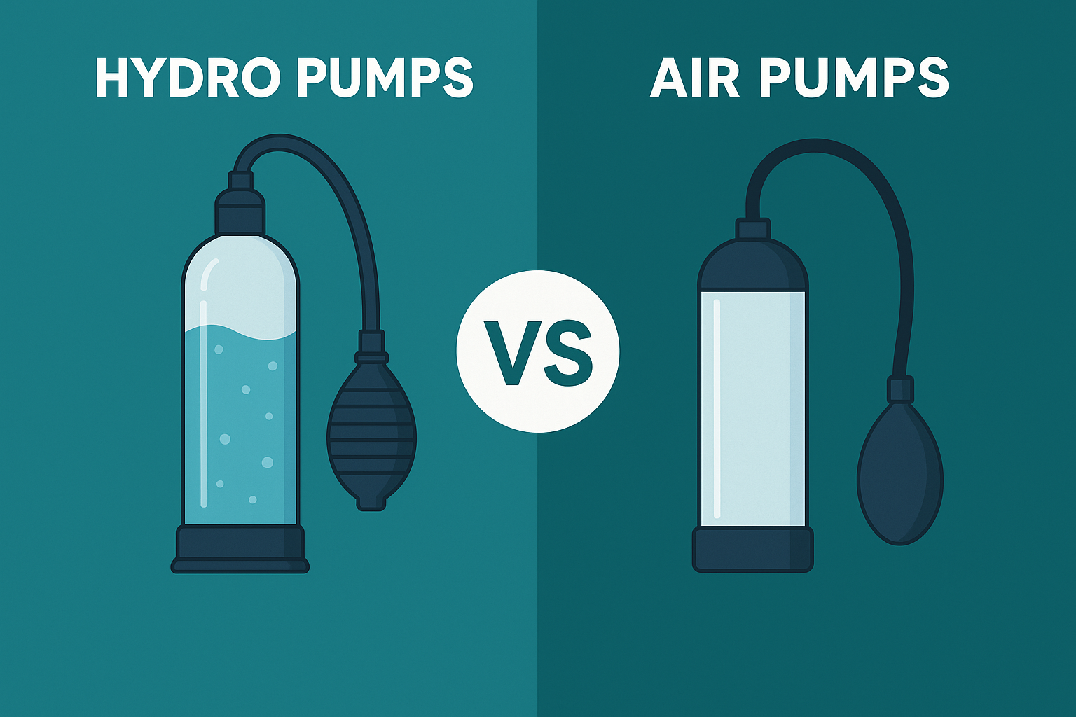 A comparison graphic showing a hydro pump with water on the left and an air pump on the right, separated by a “VS” symbol, displayed on a teal background.