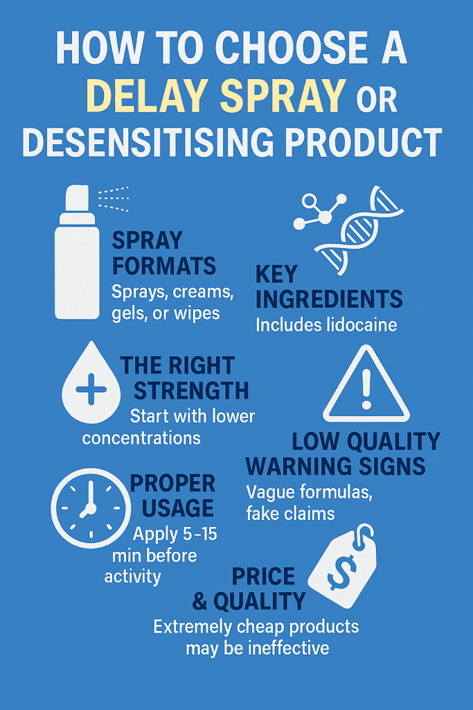 Infographic explaining how to choose a delay spray or desensitising product, showing spray bottle, icons, and tips on ingredients, usage, and product quality.