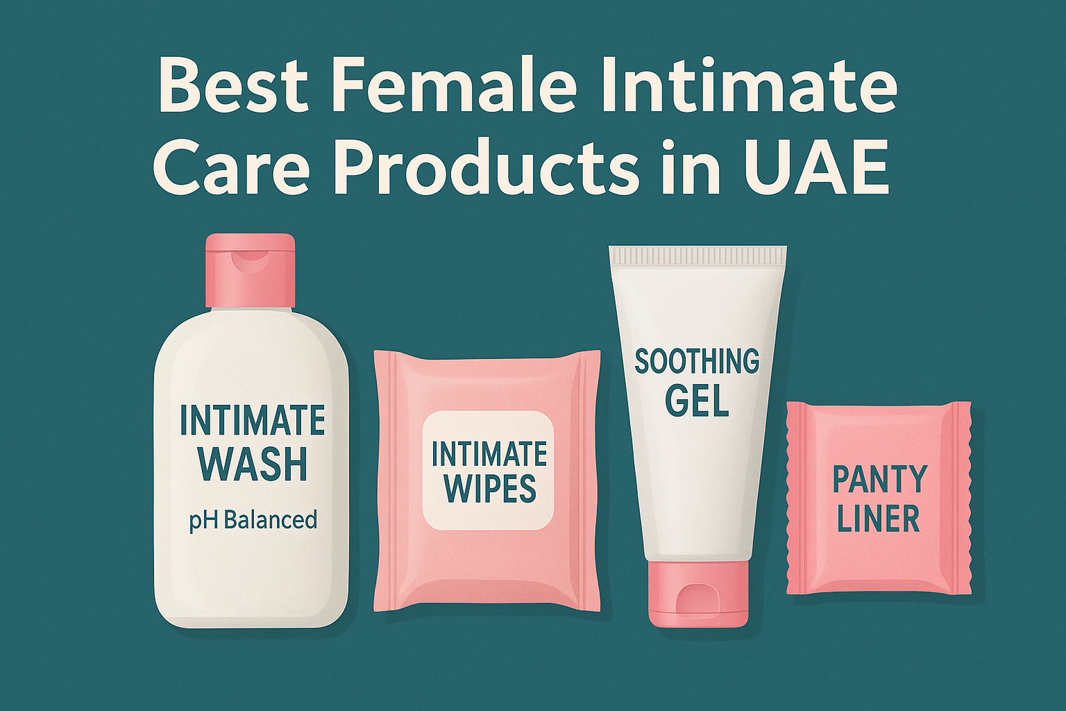 A clean, modern graphic showing four female intimate care products — intimate wash, intimate wipes, soothing gel, and panty liners — arranged on a teal background with the title “Best Female Intimate Care Products in UAE.