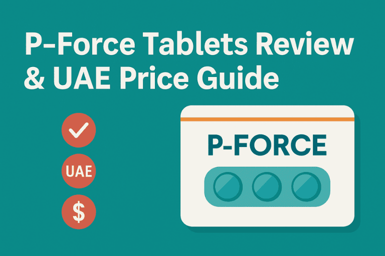 A teal-colored medical graphic showing a P-Force tablet pack with three icons representing approval, UAE location, and pricing, alongside bold text reading “P-Force Tablets Review & UAE Price Guide