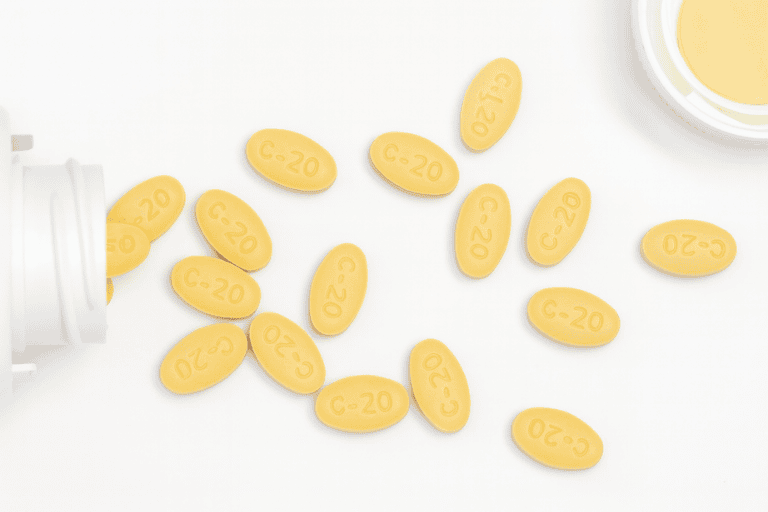 Cialis 20mg tablets scattered on a white background with an open pill bottle, used as a feature image for “Top 5 Cialis Products in UAE for Strong, Lasting Performance.”