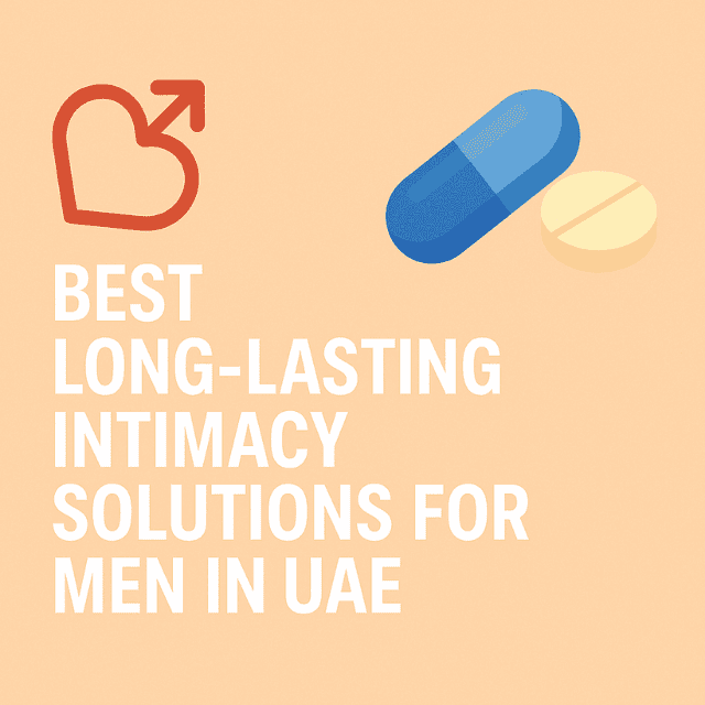 A graphic showing a heart icon with an upward arrow and two tablets on a peach background, featuring the text “Best Long-Lasting Intimacy Solutions for Men in UAE