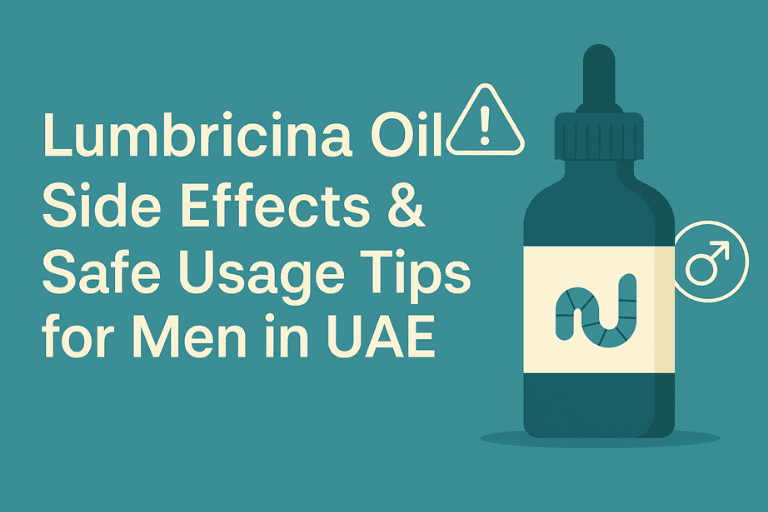 Lumbricina oil side effects graphic showing a dropper bottle with a caution symbol and text about safe usage tips for men in UAE.