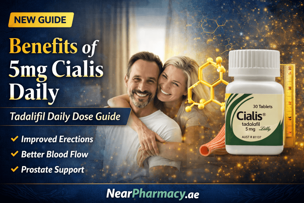 Cialis 5mg tadalafil tablets bottle showing benefits of daily Cialis for erectile function and blood flow