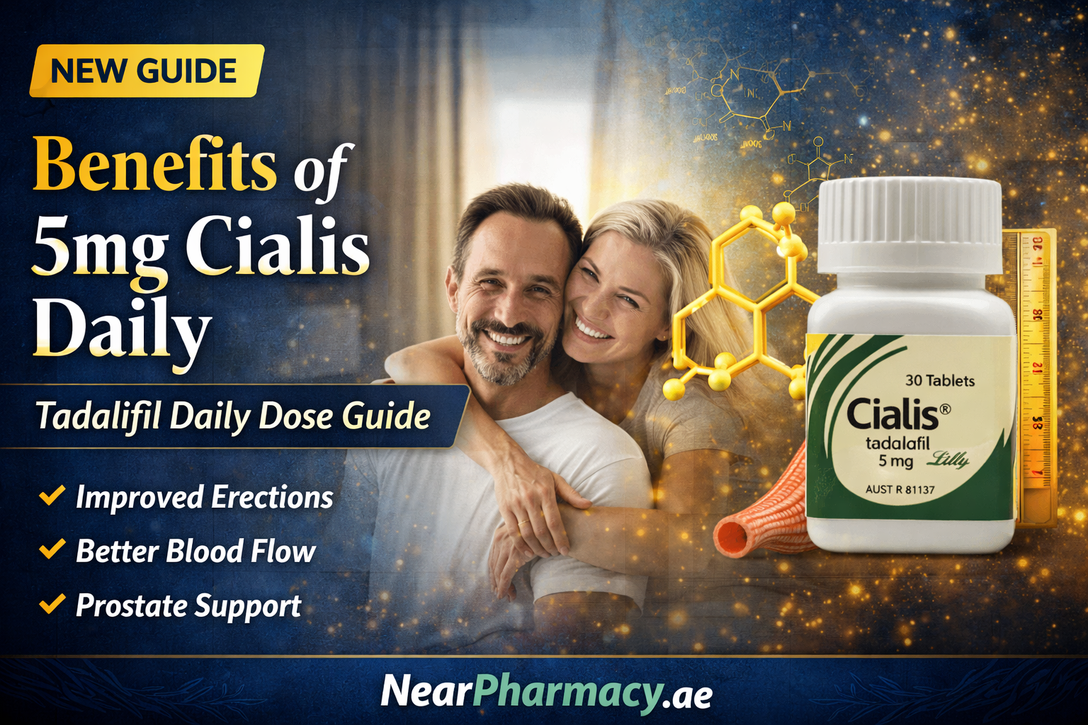 Cialis 5mg tadalafil tablets bottle showing benefits of daily Cialis for erectile function and blood flow