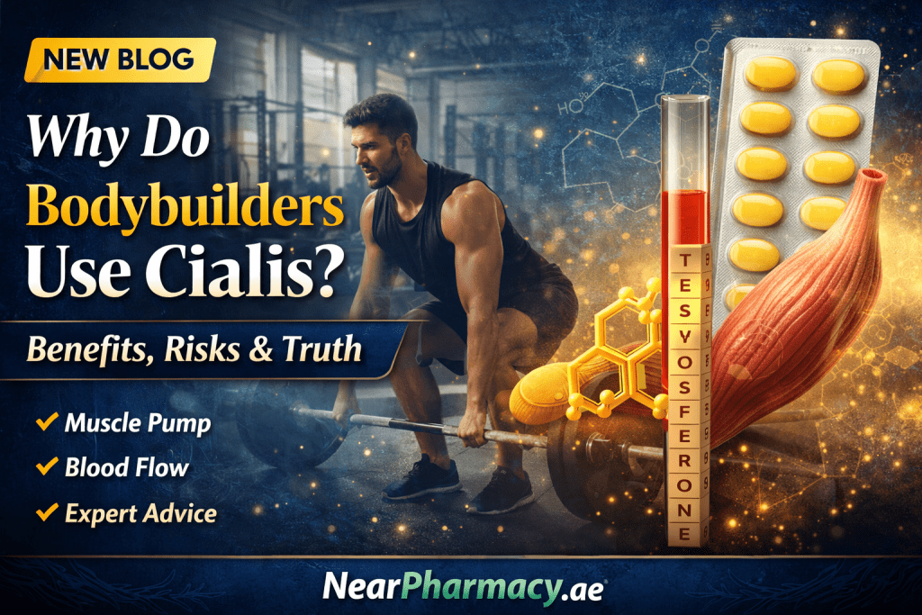 Why do bodybuilders use Cialis blog banner showing bodybuilder lifting weights and Tadalafil pills with muscle pump concept