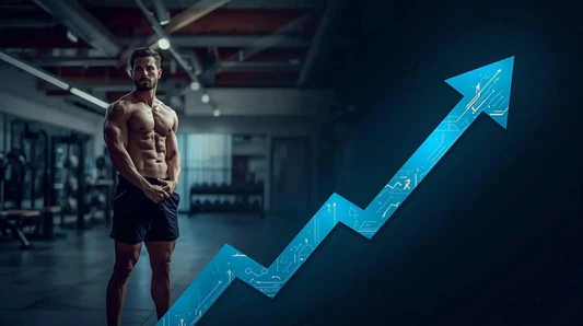 Fit muscular man in gym with upward arrow showing growth in male performance and stamina