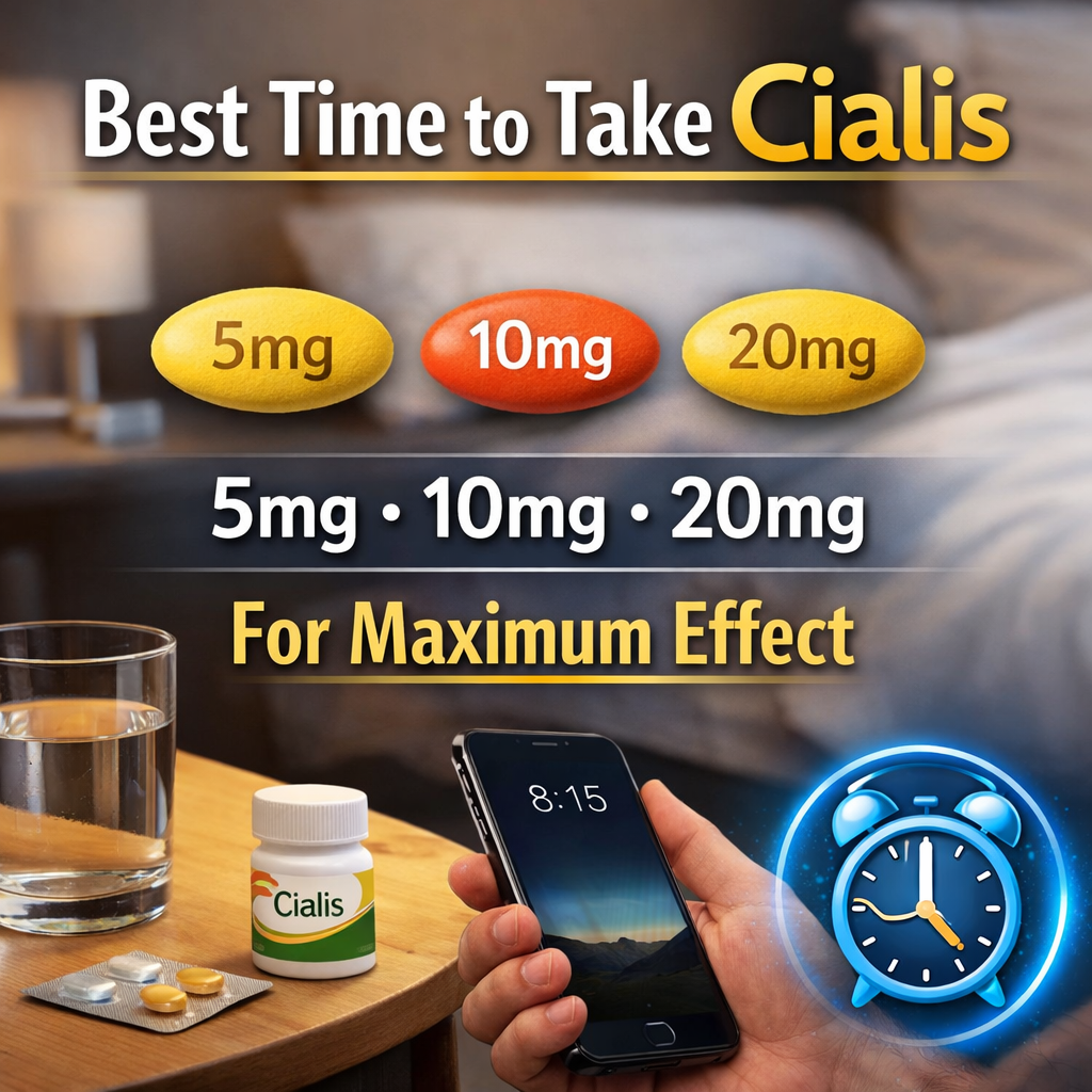 Best time to take Cialis showing 5mg, 10mg and 20mg dosage pills with clock and medication bottle for maximum effect