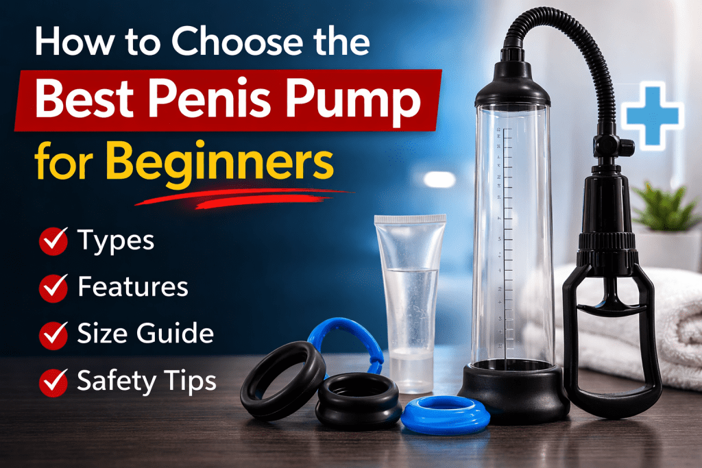 Best penis pump for beginners with cylinder, hand pump, and constriction rings shown in a product guide image