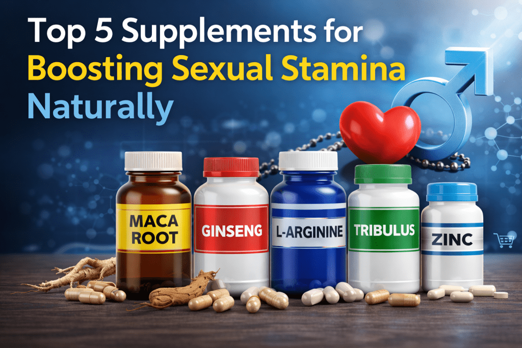 Top 5 supplements for boosting sexual stamina naturally including maca root, ginseng, L-arginine, tribulus, and zinc