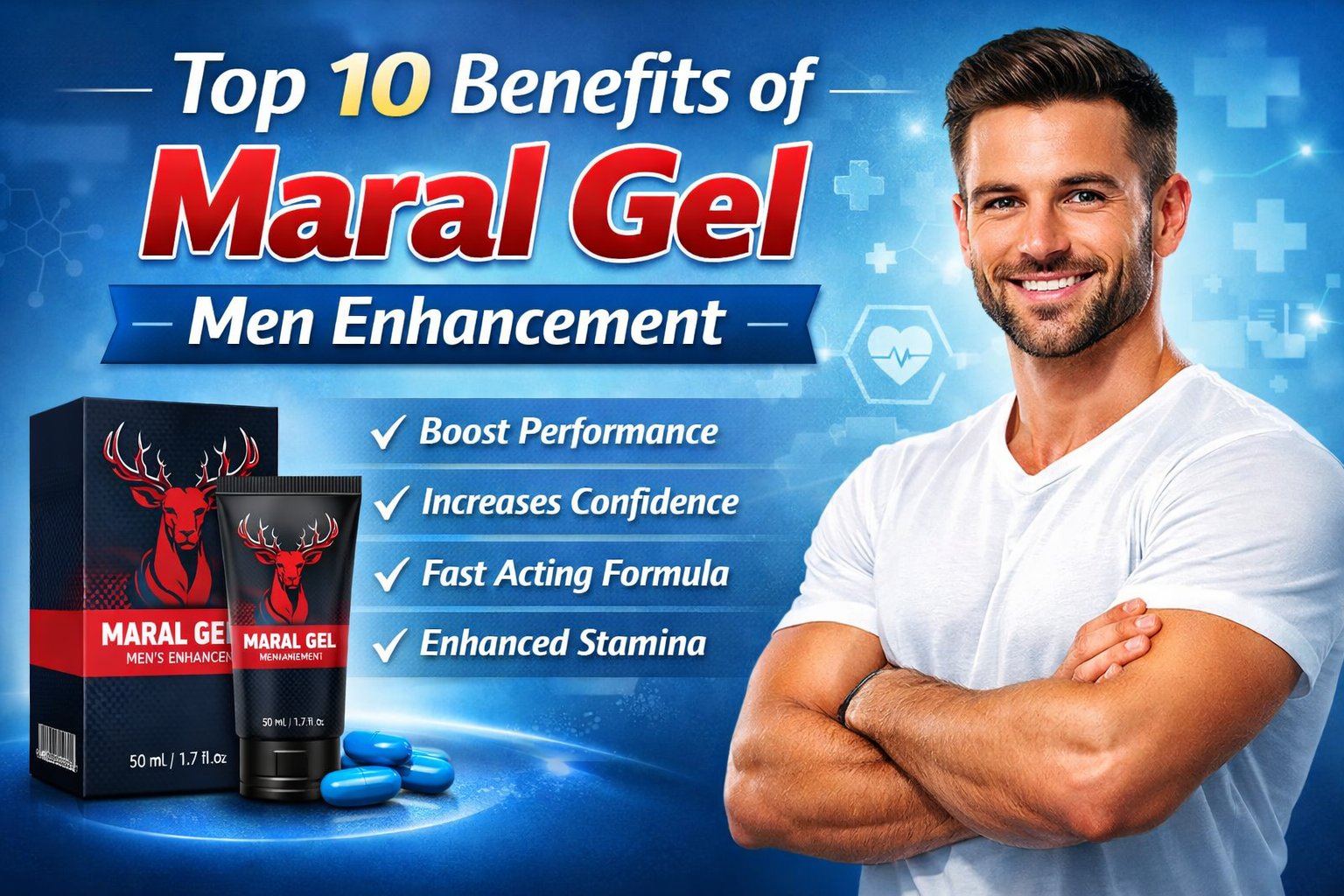 Promotional banner showing Maral Gel Men Enhancement product with confident man and healthcare background.