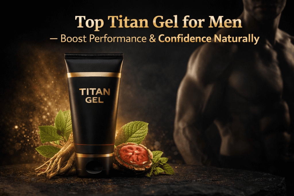 Premium Titan Gel for Men product design with black and gold packaging, natural herbs, and masculine fitness background.