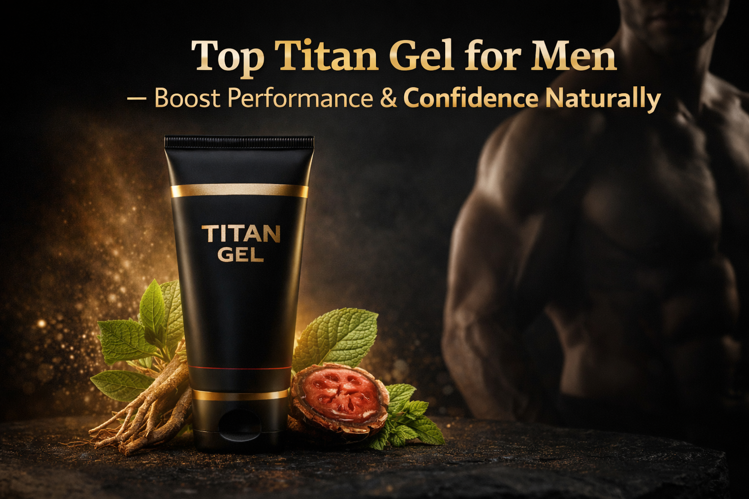 Premium Titan Gel for Men product design with black and gold packaging, natural herbs, and masculine fitness background.