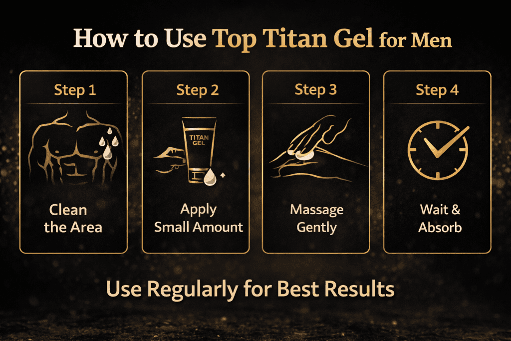 Step-by-step infographic showing how to use Top Titan Gel for Men with cleaning, applying, massaging, and absorption instructions in a black and gold premium design.