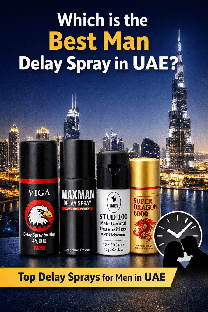 Comparison of best man delay sprays in UAE with product bottles and Dubai skyline background