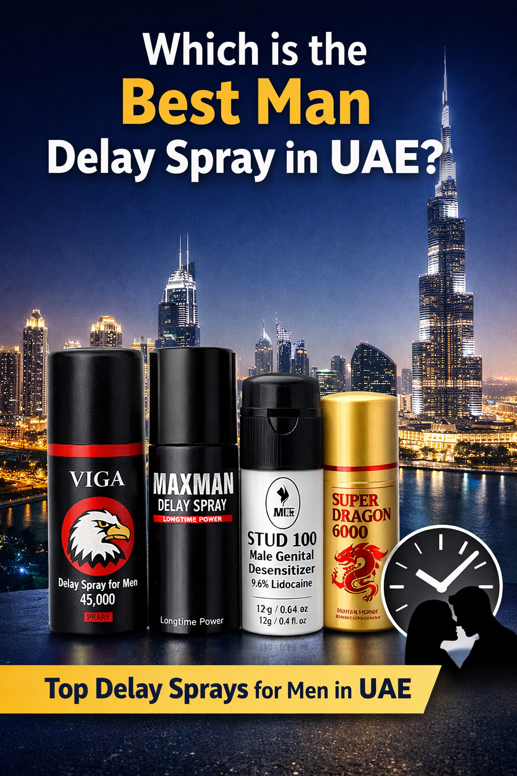 Comparison of best man delay sprays in UAE with product bottles and Dubai skyline background