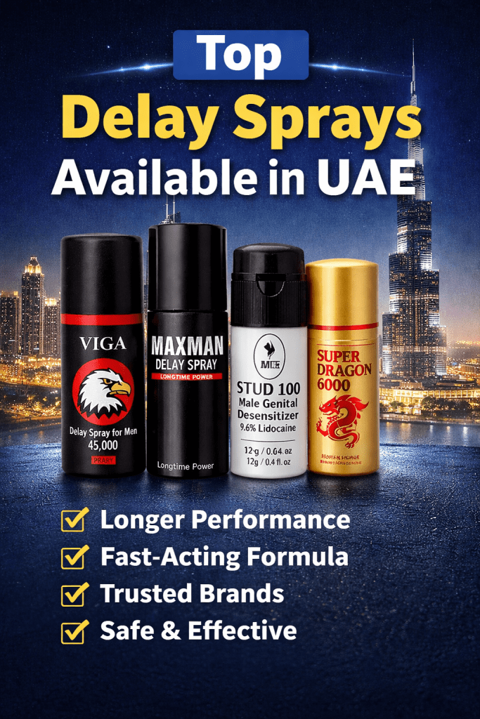 Top delay sprays for men in UAE with product lineup and Dubai skyline background showing performance enhancement sprays