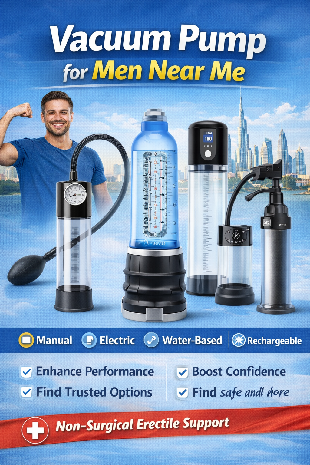 Vacuum pump for men near me infographic showing manual and electric male enhancement pumps for ED support in UAE.