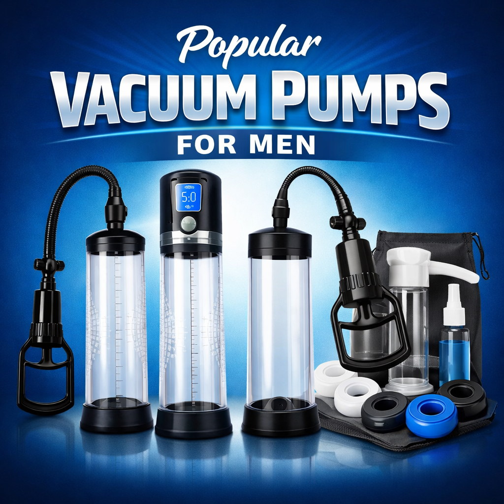 Graphic showing popular vacuum pumps for men, including manual and electric vacuum erection devices with accessories displayed on a blue background.