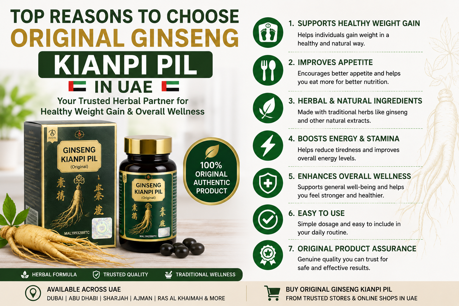 Original Ginseng Kianpi Pil in UAE with benefits for healthy weight gain, improved appetite, energy, and wellness