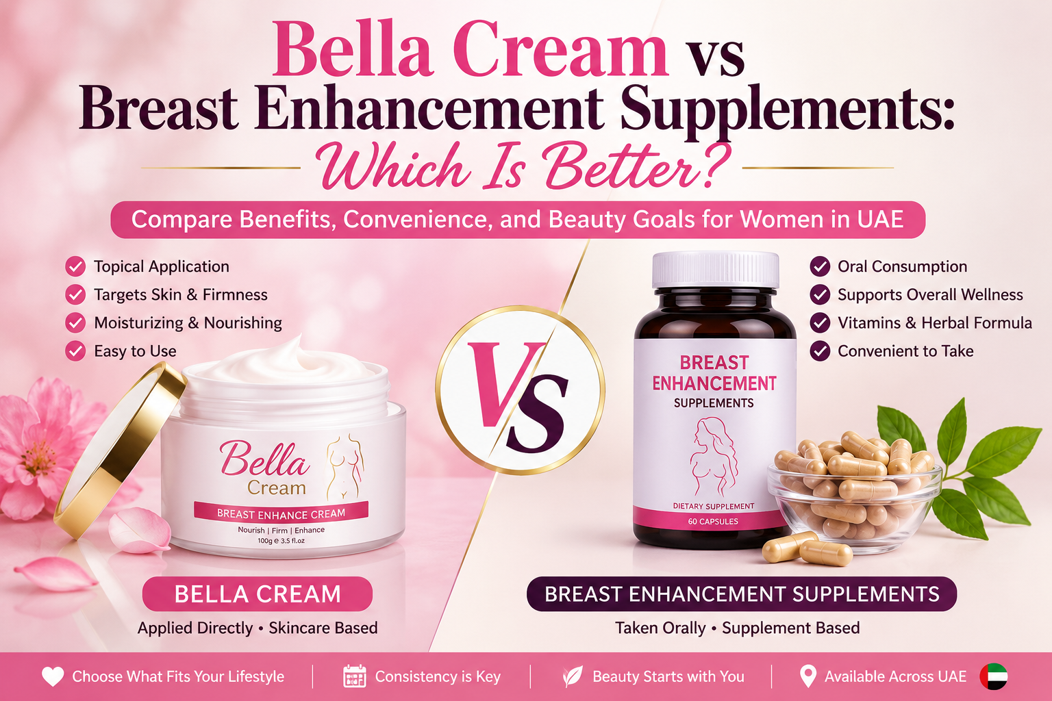 Bella Cream vs breast enhancement supplements comparison for women in UAE