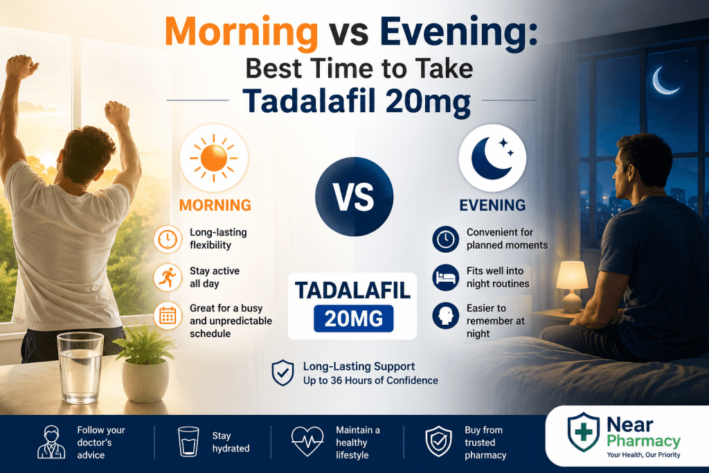 Morning vs evening comparison showing the best time to take Tadalafil 20mg