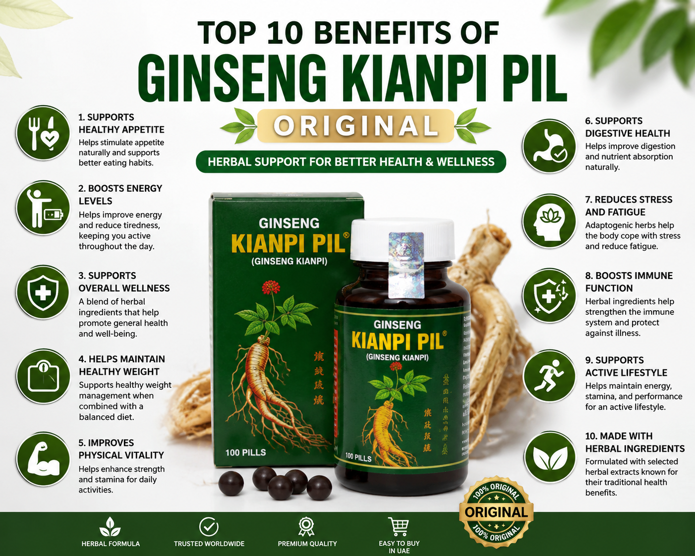 Top 10 Benefits of Ginseng Kianpi Pil Original infographic showing wellness and appetite support benefits