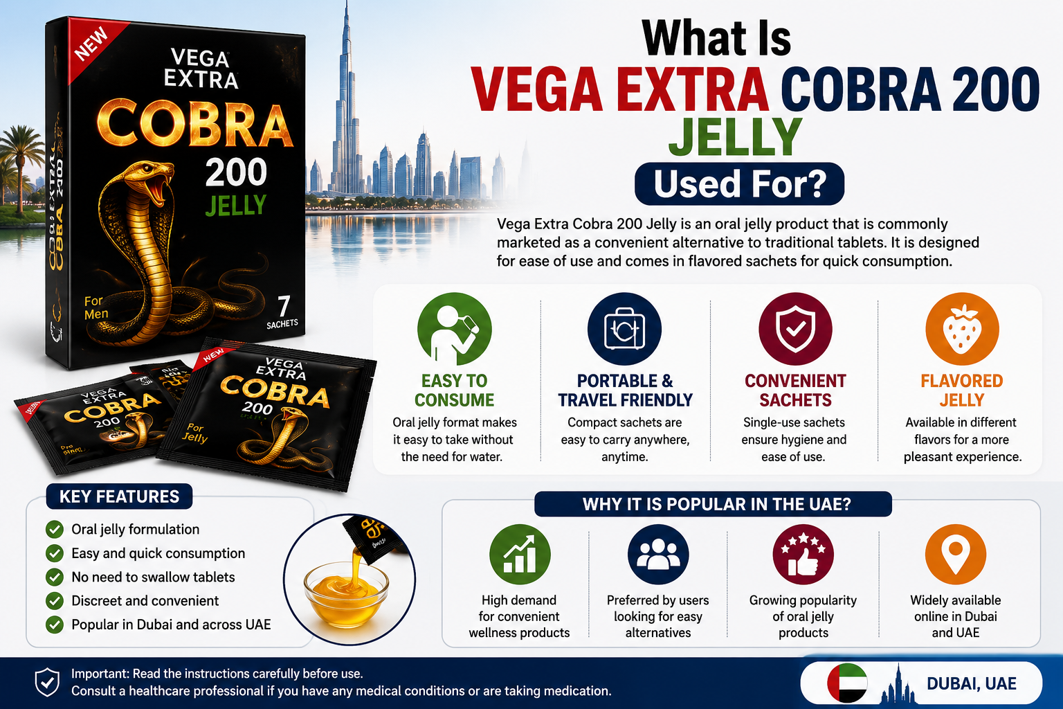 Vega Extra Cobra 200 Jelly infographic showing oral jelly sachets, convenient packaging, easy consumption, portability, and popularity in Dubai UAE.