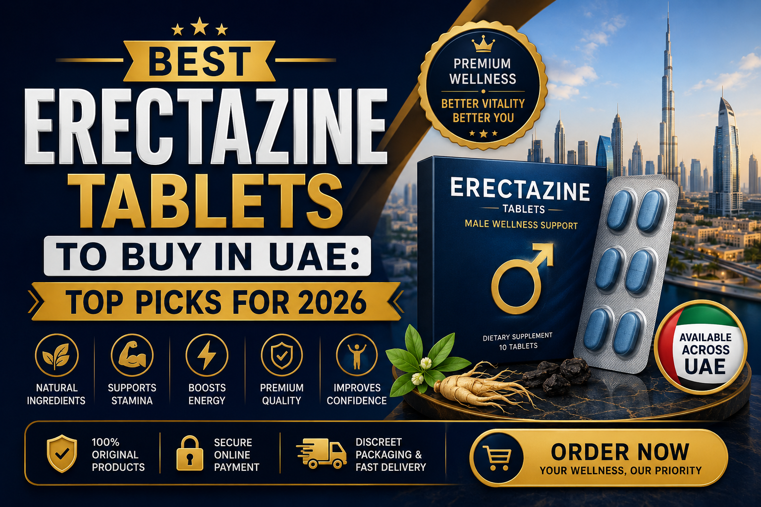 Best Erectazine tablets to buy in UAE featured illustration with Dubai skyline and premium wellness theme.