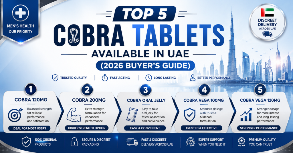 Top 5 Cobra tablets available in UAE including Cobra 120mg, Cobra 200mg, Cobra Oral Jelly, Cobra Vega 100mg, and Cobra Vega 120mg.
