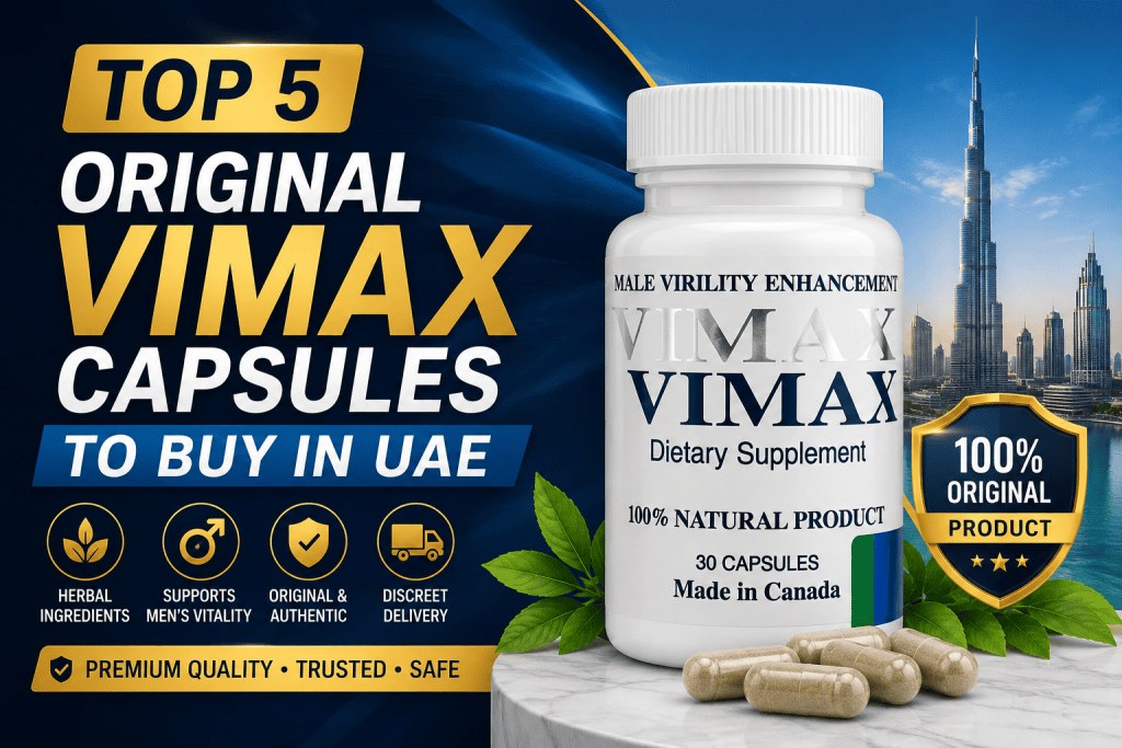 Top 5 original Vimax capsules to buy in UAE with a premium wellness-themed design.