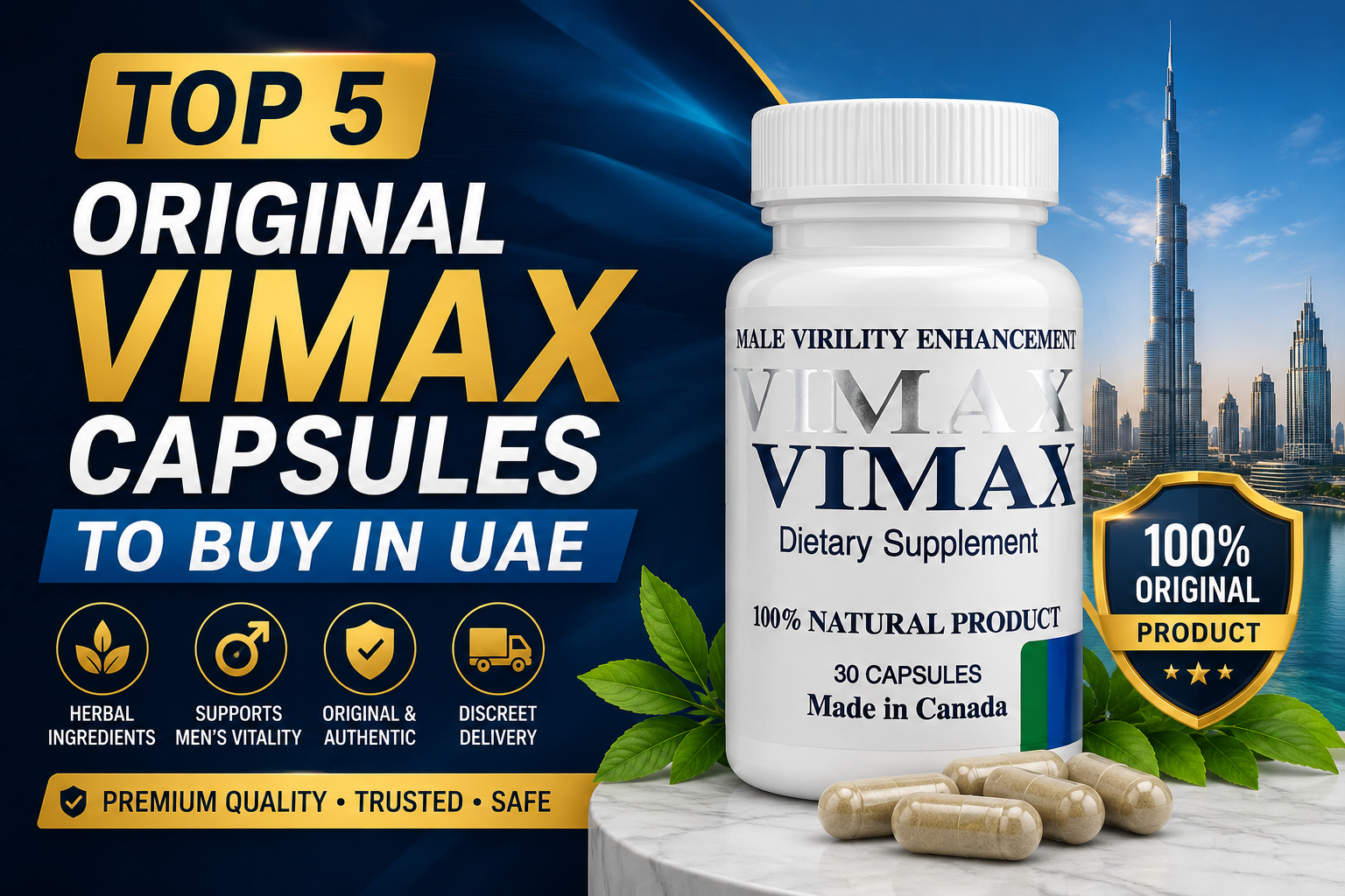 Top 5 original Vimax capsules to buy in UAE with a premium wellness-themed design.
