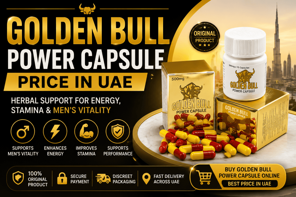 Golden Bull Power Capsule price in UAE with product packaging, capsules, and premium Dubai-themed design.