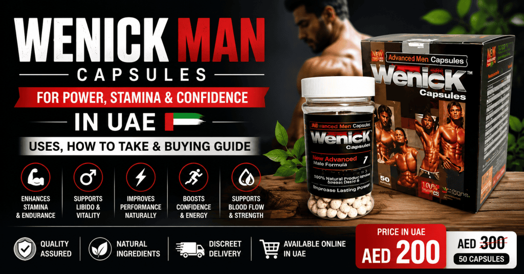 Wenick Man Capsules in UAE featuring the product bottle and box with price, uses, and buying guide information.