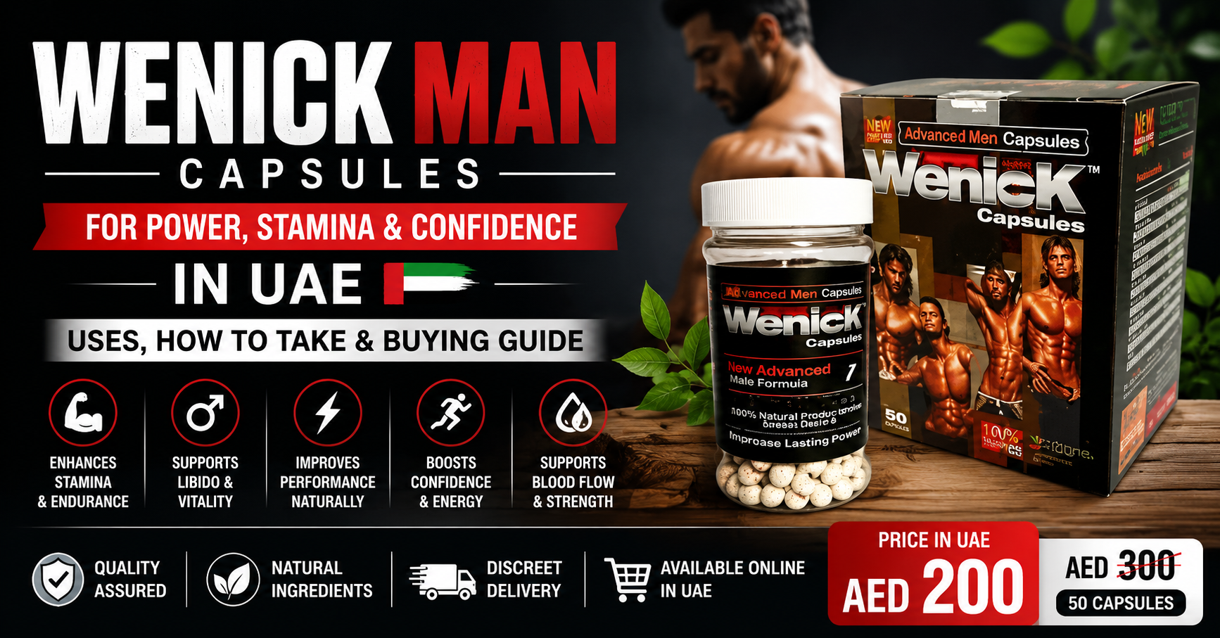 Wenick Man Capsules in UAE featuring the product bottle and box with price, uses, and buying guide information.