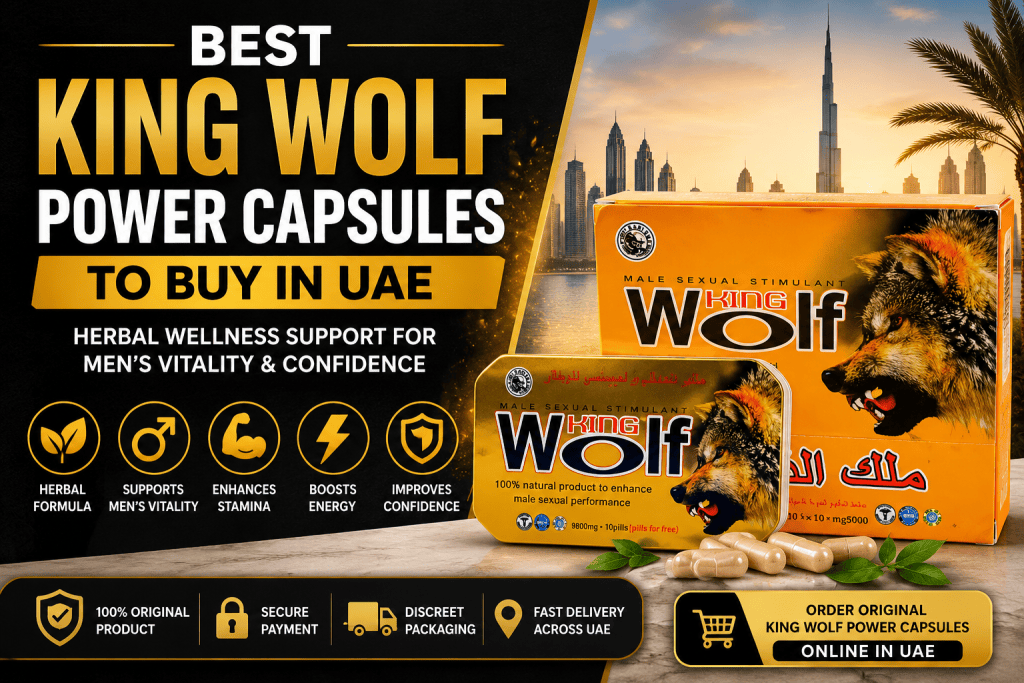 King Wolf Power Capsules product with premium UAE-themed feature image highlighting herbal wellness, discreet delivery, and trusted online pharmacy.